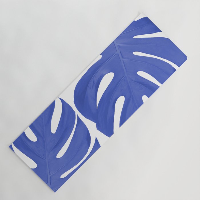 Blue Monstera Leaves White Background - Blue and White #decor #society6 #buyart Yoga Mat Gallery Image 1