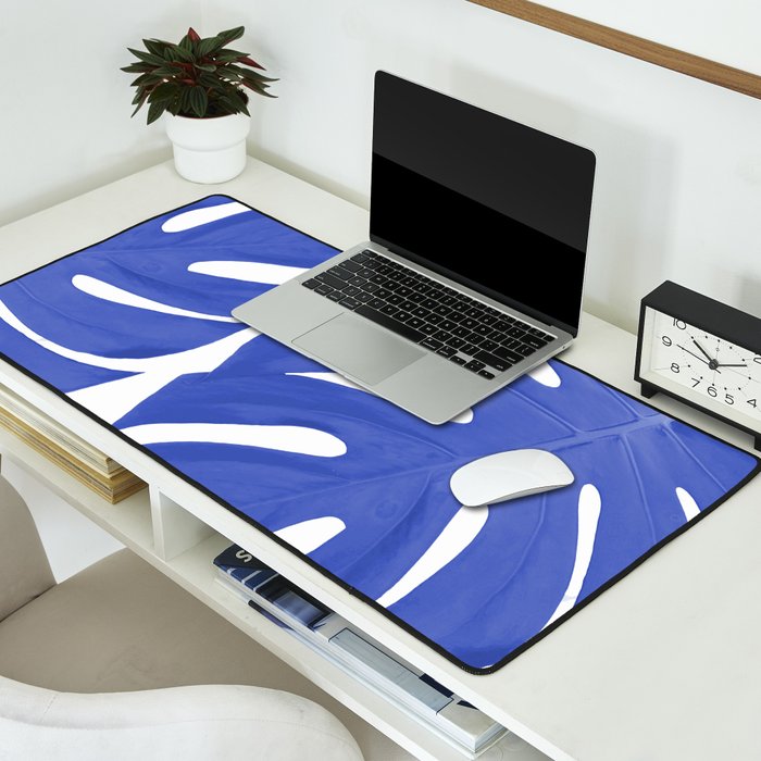 Blue Monstera Leaves White Background - Blue and White #decor #society6 #buyart Desk Mat Gallery Image 2