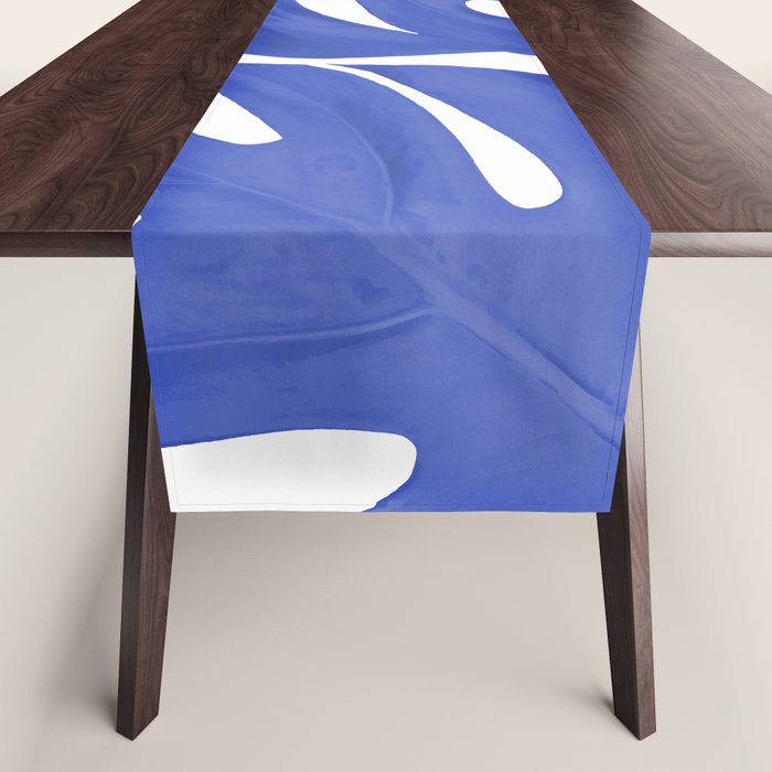 Blue Monstera Leaves White Background - Blue and White #decor #society6 #buyart Table Runner Gallery Image 1