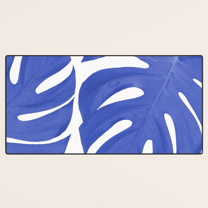 Blue Monstera Leaves White Background - Blue and White #decor #society6 #buyart Desk Mat Gallery Image 3