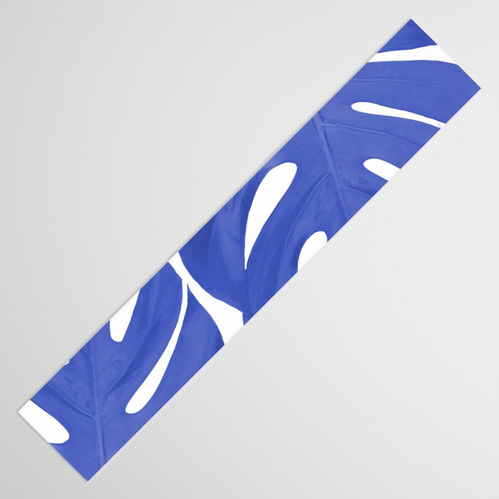 Blue Monstera Leaves White Background - Blue and White #decor #society6 #buyart Table Runner Gallery Image 3