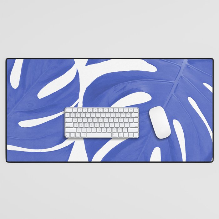 Blue Monstera Leaves White Background - Blue and White #decor #society6 #buyart Desk Mat Gallery Image 1