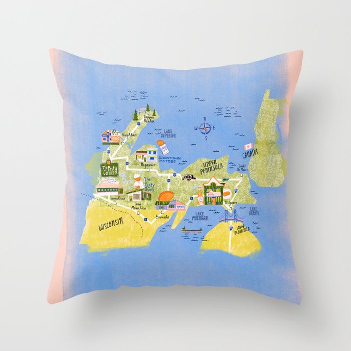 Map of Northern Michigan - Pasty Tour in Peach Throw Pillow Gallery Image 6
