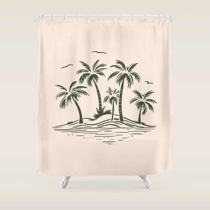 Vintage tropical palm tree beach island art Shower Curtain Gallery Image 1