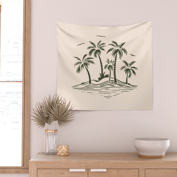 Vintage tropical palm tree beach island art Wall Tapestry Gallery Image 2