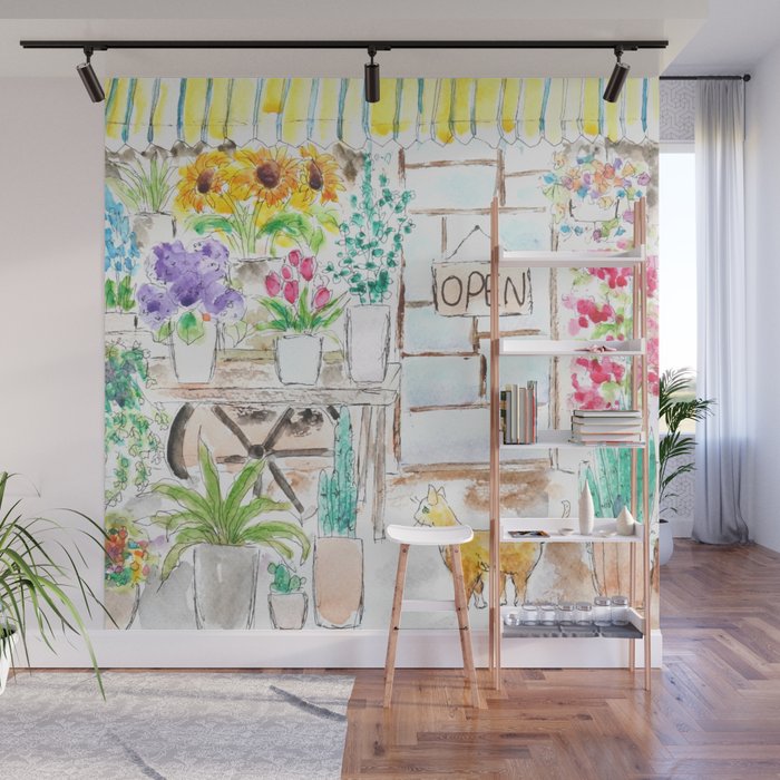 cheerful flower shop and a cat watercolor  Wall Mural Gallery Image 1