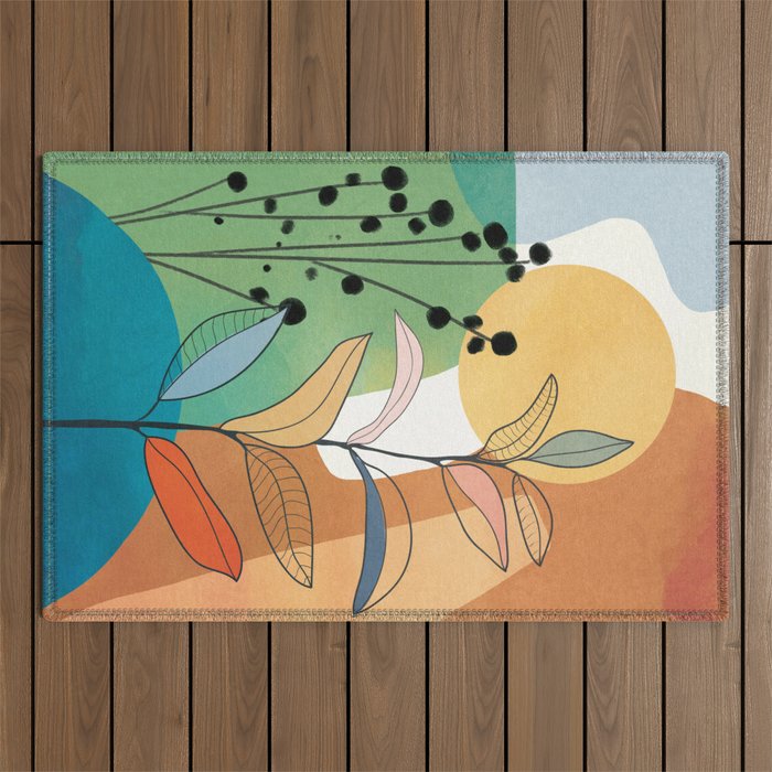 Modern abstract leaves line art 12 Outdoor Rug Gallery Image 1