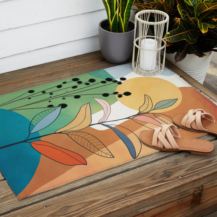 Modern abstract leaves line art 12 Outdoor Rug Gallery Image 2