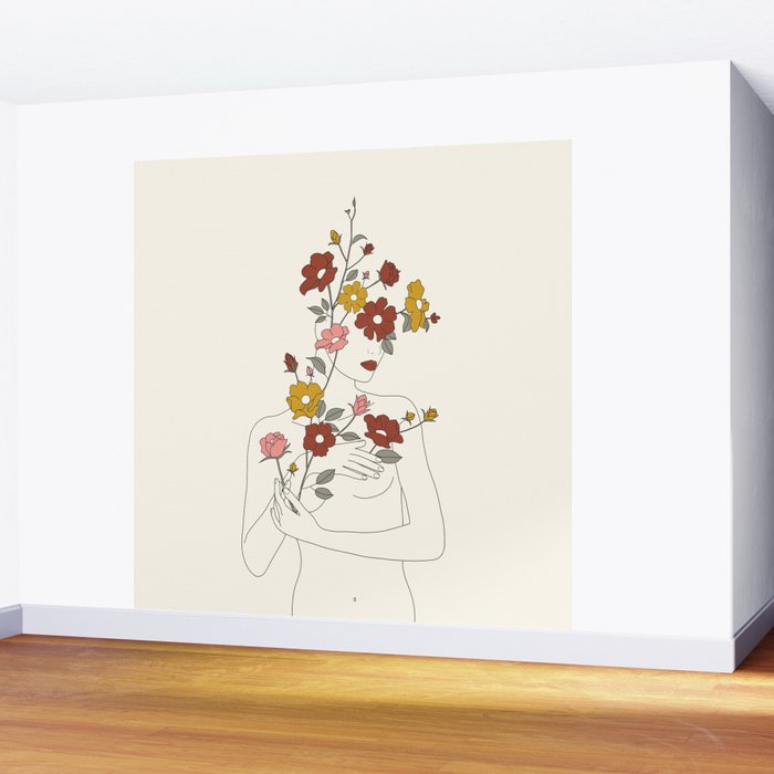 Colorful Thoughts Minimal Line Art Woman with Wild Roses Wall Mural Gallery Image 2