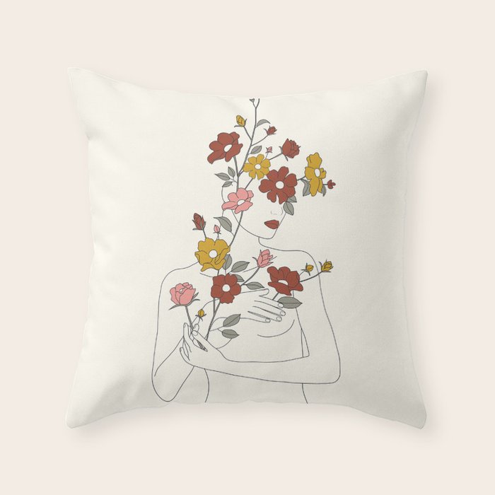 Colorful Thoughts Minimal Line Art Woman with Wild Roses Throw Pillow Gallery Image 6