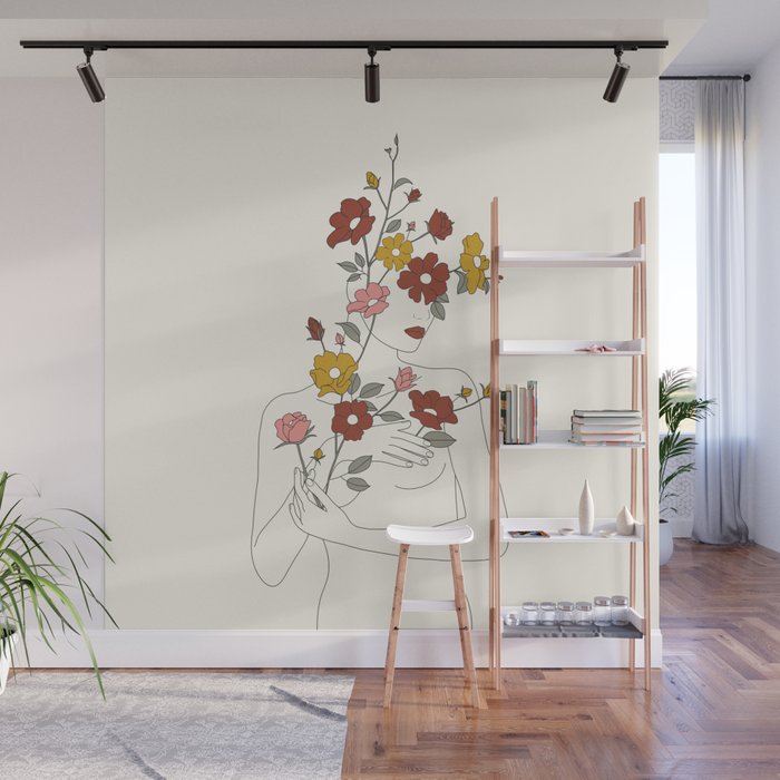 Colorful Thoughts Minimal Line Art Woman with Wild Roses Wall Mural Gallery Image 1