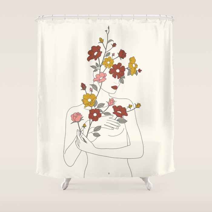 Colorful Thoughts Minimal Line Art Woman with Wild Roses Shower Curtain Gallery Image 1