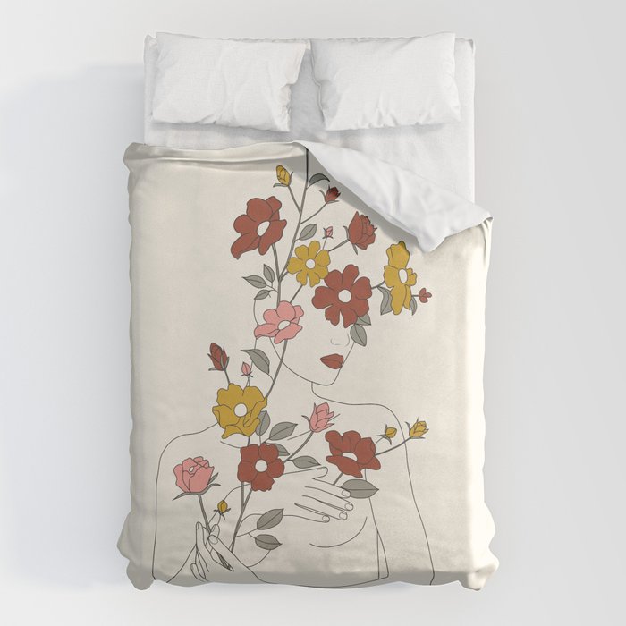 Colorful Thoughts Minimal Line Art Woman with Wild Roses Duvet Cover Gallery Image 1