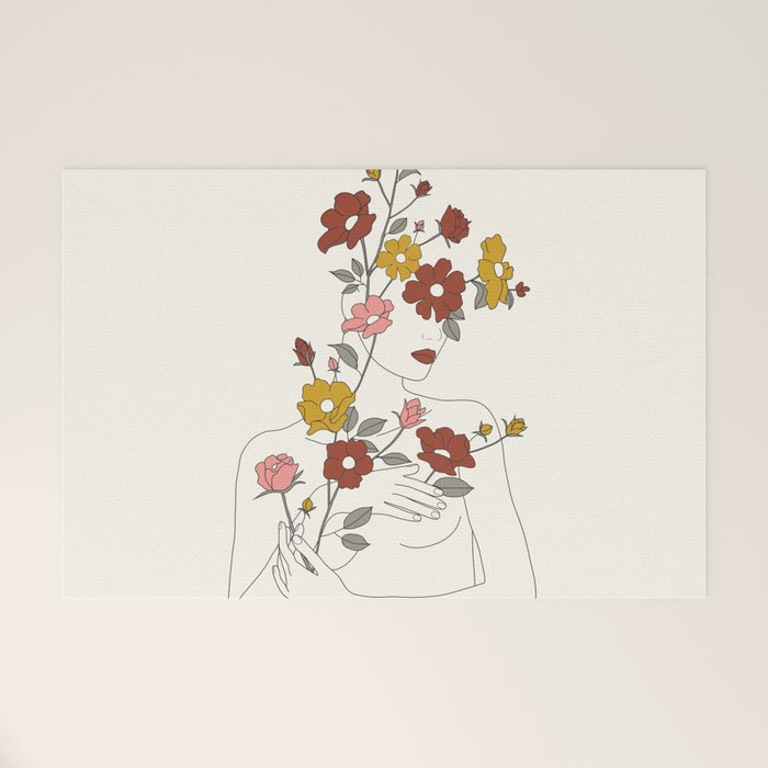Colorful Thoughts Minimal Line Art Woman with Wild Roses Welcome Mat Gallery Image 1