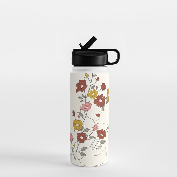Colorful Thoughts Minimal Line Art Woman with Wild Roses Water Bottle Gallery Image 1