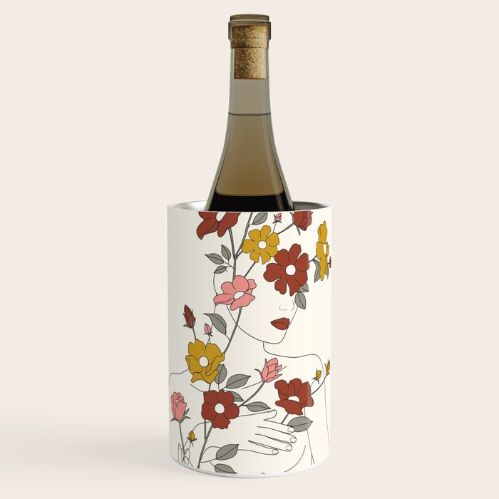 Colorful Thoughts Minimal Line Art Woman with Wild Roses Wine Chiller Gallery Image 1