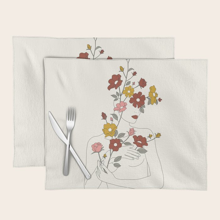 Colorful Thoughts Minimal Line Art Woman with Wild Roses Placemat Gallery Image 1
