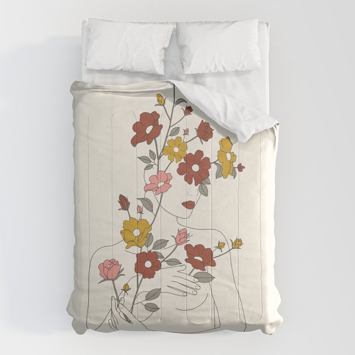 Colorful Thoughts Minimal Line Art Woman with Wild Roses Comforter Gallery Image 6