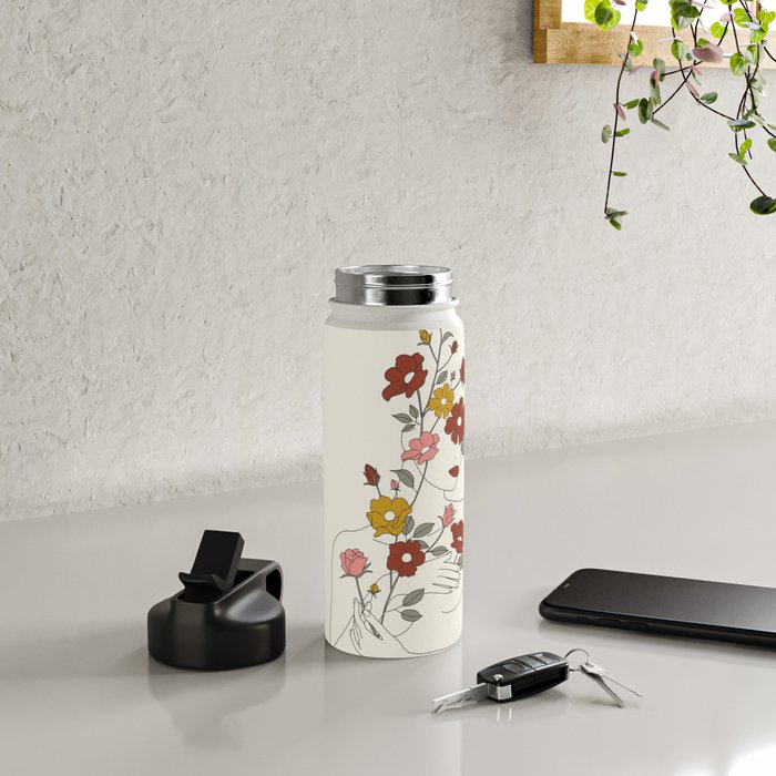 Colorful Thoughts Minimal Line Art Woman with Wild Roses Water Bottle Gallery Image 4