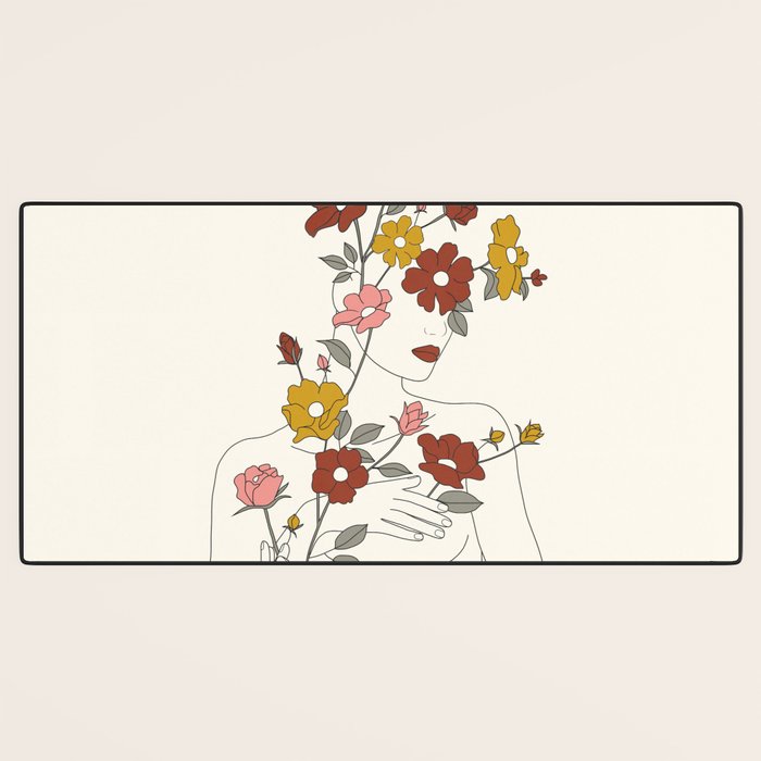 Colorful Thoughts Minimal Line Art Woman with Wild Roses Desk Mat Gallery Image 3