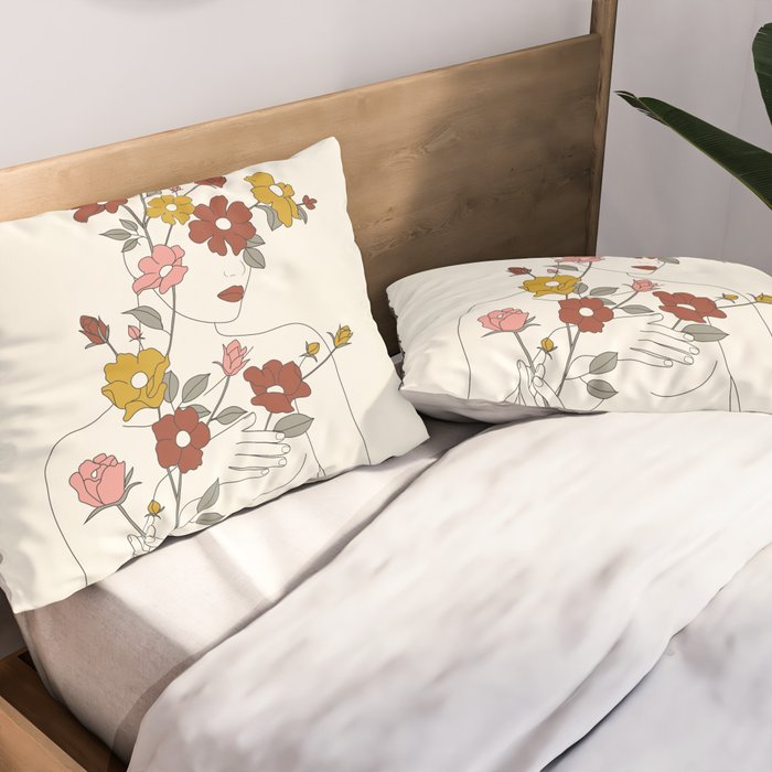 Colorful Thoughts Minimal Line Art Woman with Wild Roses Pillow Sham Gallery Image 2