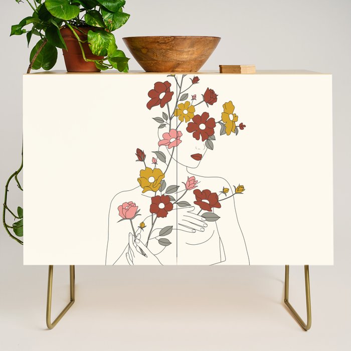 Colorful Thoughts Minimal Line Art Woman with Wild Roses Credenza Gallery Image 1