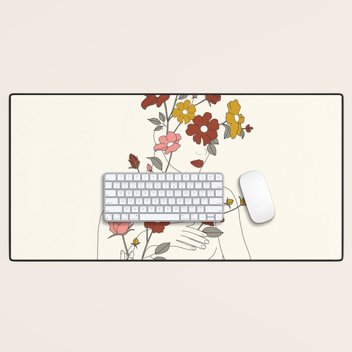 Colorful Thoughts Minimal Line Art Woman with Wild Roses Desk Mat Gallery Image 1