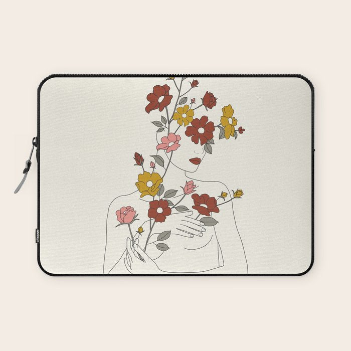 Colorful Thoughts Minimal Line Art Woman with Wild Roses Laptop Sleeve Gallery Image 1