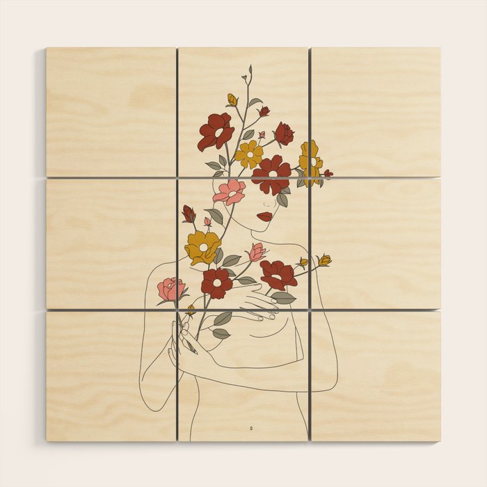 Colorful Thoughts Minimal Line Art Woman with Wild Roses Wood Wall Art Gallery Image 1