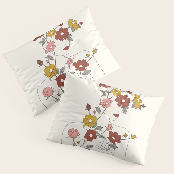 Colorful Thoughts Minimal Line Art Woman with Wild Roses Pillow Sham Gallery Image 1
