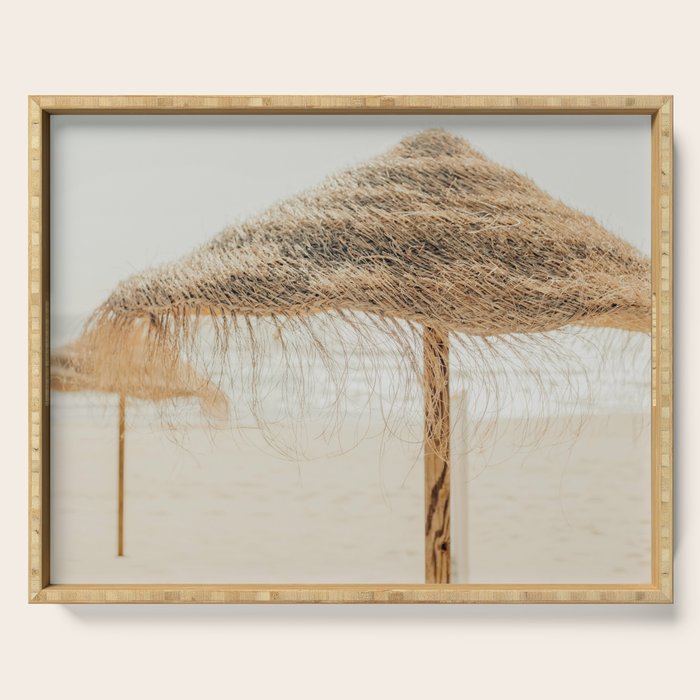 Beach Dreams III - straw beach umbrellas photography by Ingrid Beddoes Serving Tray Gallery Image 1
