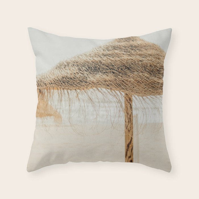 Beach Dreams III - straw beach umbrellas photography by Ingrid Beddoes Throw Pillow Gallery Image 6