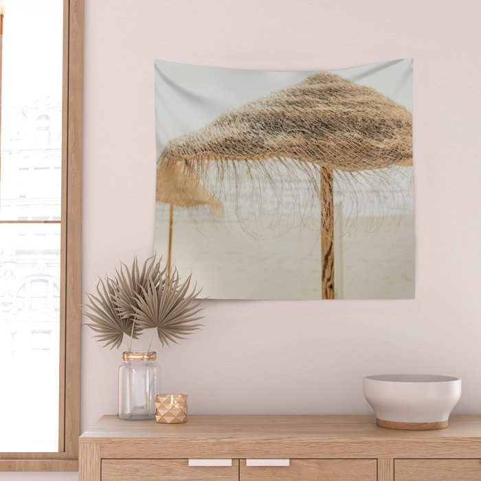 Beach Dreams III - straw beach umbrellas photography by Ingrid Beddoes Wall Tapestry Gallery Image 2