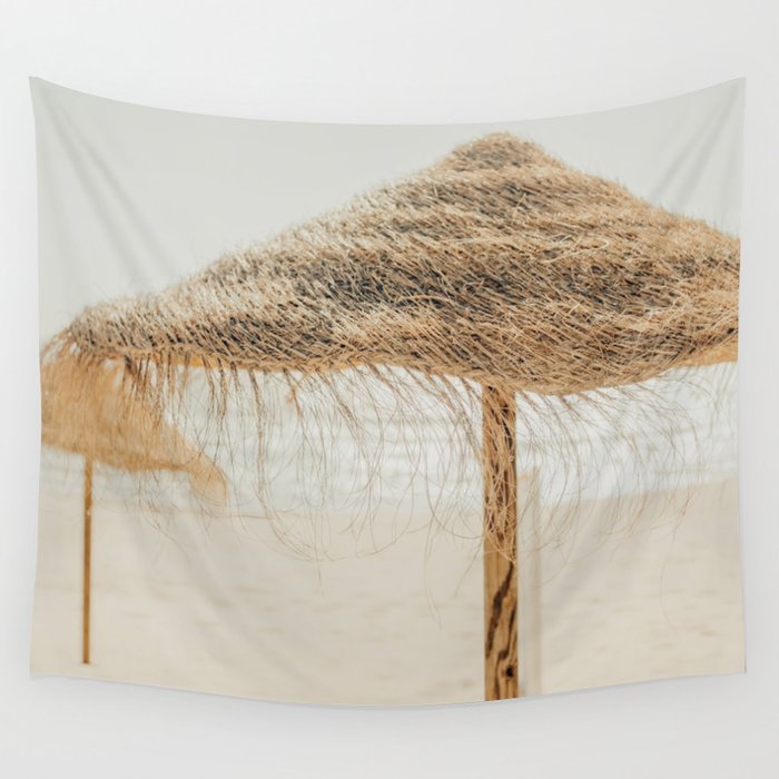 Beach Dreams III - straw beach umbrellas photography by Ingrid Beddoes Wall Tapestry Gallery Image 4