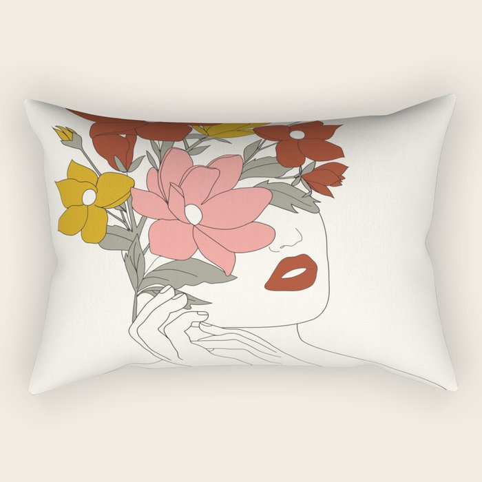 Colorful Thoughts Minimal Line Art Woman with Magnolia Rectangular Pillow Gallery Image 2