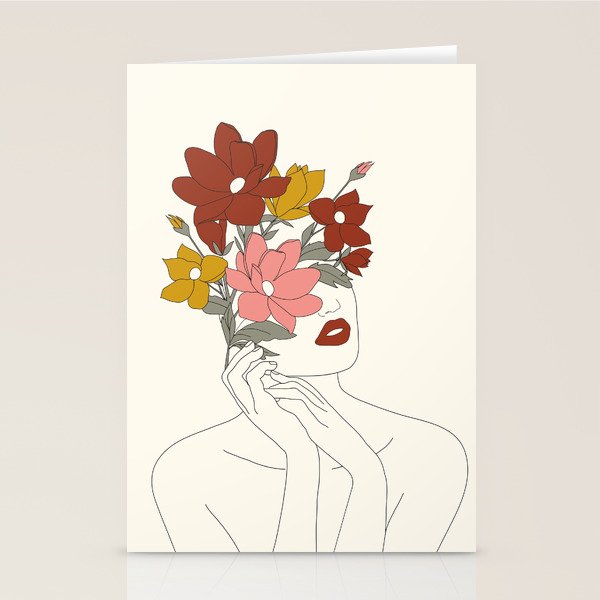 Colorful Thoughts Minimal Line Art Woman with Magnolia Stationery Card Gallery Image 1