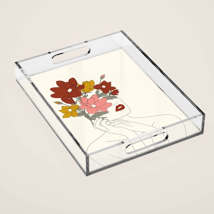 Colorful Thoughts Minimal Line Art Woman with Magnolia Acrylic Tray Gallery Image 1