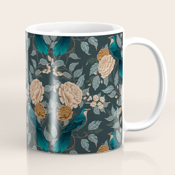 Spring Song - Dark Teal Birds and Floral Print Coffee Mug Gallery Image 1