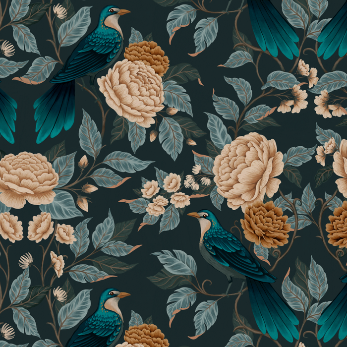 Spring Song - Dark Teal Birds and Floral Print Coffee Mug Gallery Image 2