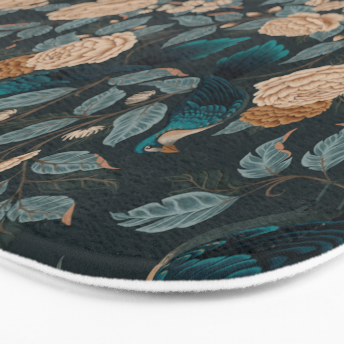 Spring Song - Dark Teal Birds and Floral Print Bath Mat Gallery Image 3