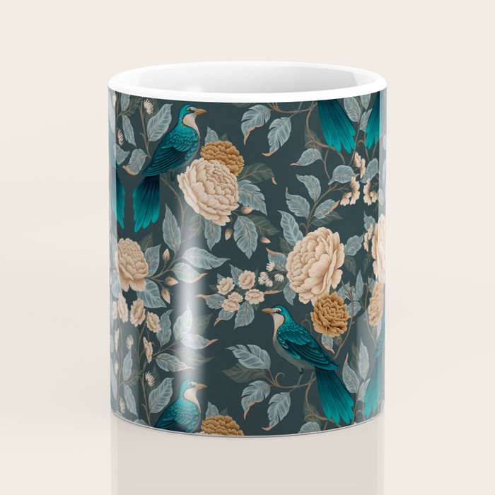 Spring Song - Dark Teal Birds and Floral Print Coffee Mug Gallery Image 4