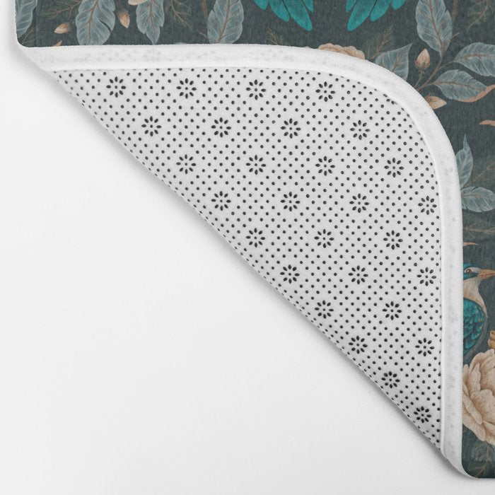 Spring Song - Dark Teal Birds and Floral Print Bath Mat Gallery Image 2