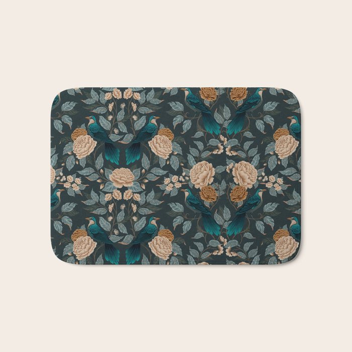 Spring Song - Dark Teal Birds and Floral Print Bath Mat Gallery Image 1