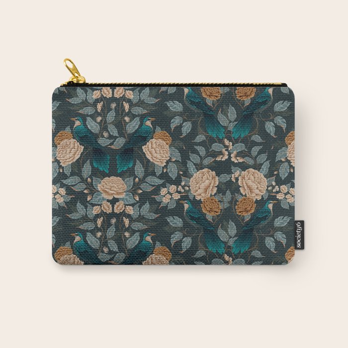 Spring Song - Dark Teal Birds and Floral Print Carry All Pouch Gallery Image 1