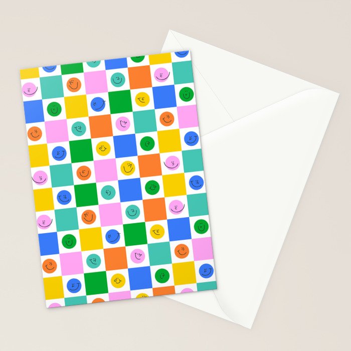 Colorful happy face checkered pattern art Stationery Card Gallery Image 2