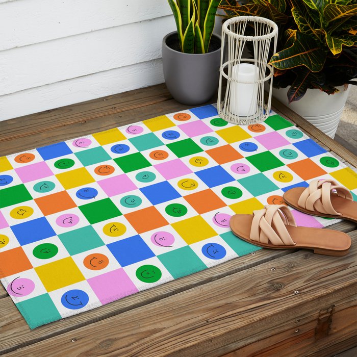 Colorful happy face checkered pattern art Outdoor Rug Gallery Image 2