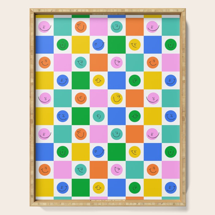 Colorful happy face checkered pattern art Serving Tray Gallery Image 1
