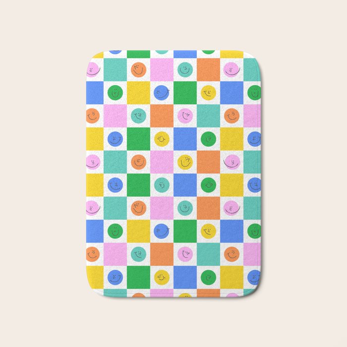 Colorful happy face checkered pattern art Bath Mat Gallery Image 1