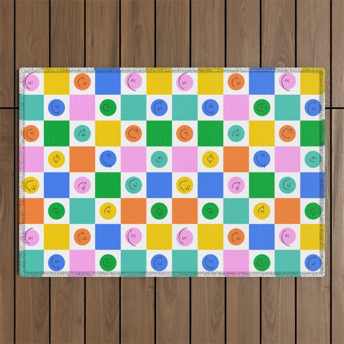 Colorful happy face checkered pattern art Outdoor Rug Gallery Image 1
