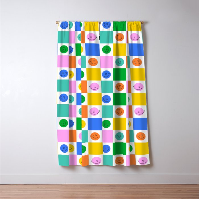 Colorful happy face checkered pattern art Window Curtain Gallery Image 3